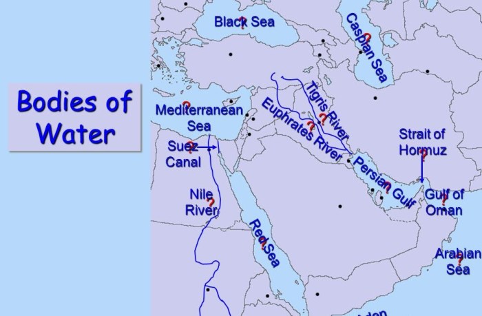 Middle east map quiz with bodies of water